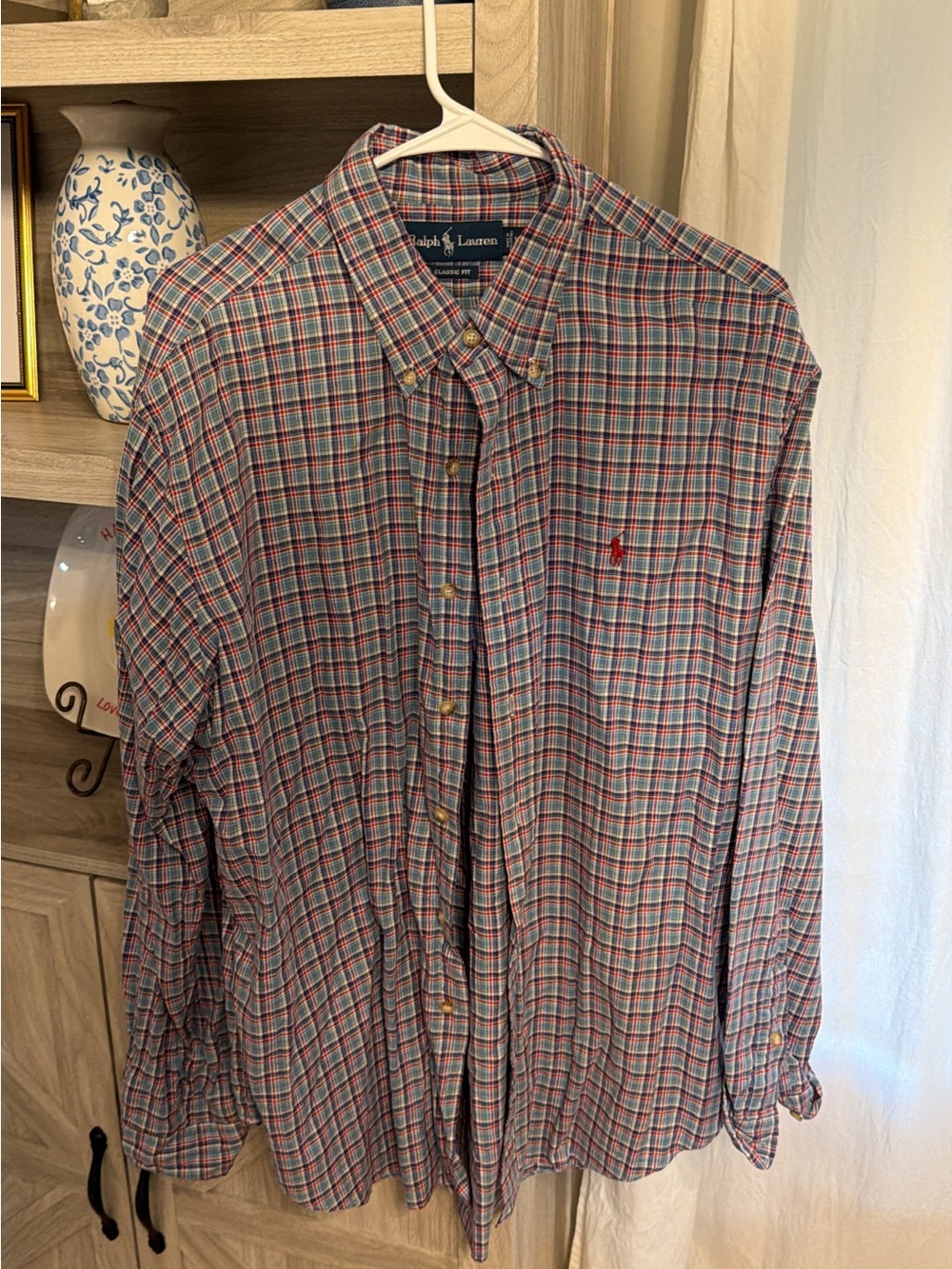 Ralph Lauren Men's Blue and Red Plaid Button-Down Shirt